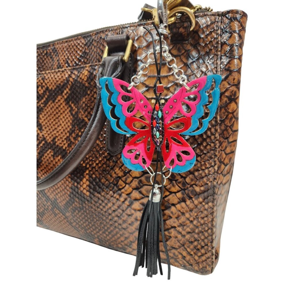 Turquoise Handpainted Wooden Butterfly Purse Leather Tassel Stone Beaded Leather